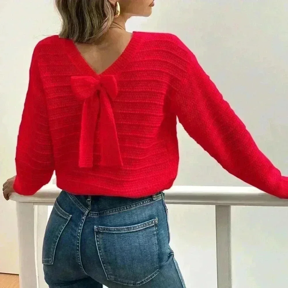 Red Casual Women's Elegant Bowknot Decor Drop Shoulder Sweater